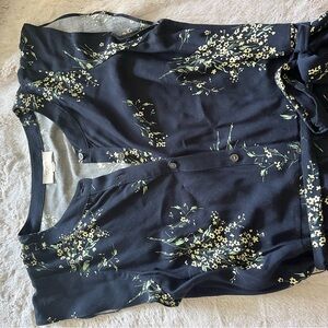 LOFT Navy dress with yellow flowers and tie at the waist